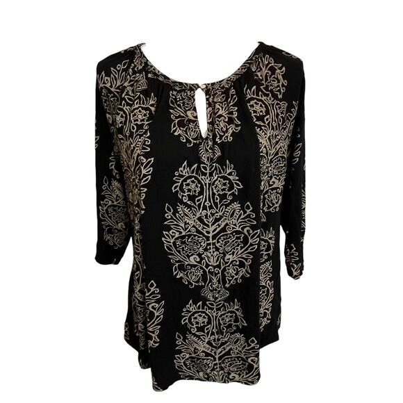 Lucky Brand Peasant Blouse Size 1X Plus Black Beige Keyhole Boho Top Shirt - Picture 1 of 8